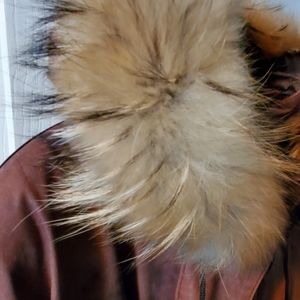 Leather Finland raccoon fur hooded jacket